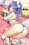  1girl absurdres ahoge animal_ear_fluff animal_ears arm_strap artist_name ass azur_lane back bangs bare_arms bare_shoulders bikini bird blue_bikini_bottom blue_eyes blue_hair blush bracelet breasts chick closed_mouth coconut collarbone day drinking_straw drooling eyebrows_visible_through_hair flower frills fruit_cup hair_flower hair_ornament hair_ribbon halterneck hand_up highres hip_focus huge_filesize jewelry jintsuu_(azur_lane) kaetzchen large_breasts legs lips long_hair looking_at_viewer looking_back lying manjuu_(azur_lane) o-ring on_side on_stomach outdoors paid_reward patreon_reward ponytail red_ribbon ribbon sarong shiny shiny_skin sleeping smile solo sunglasses swept_bangs swimsuit tail thighs towel wet white_bikini_top wolf_ears wolf_tail 