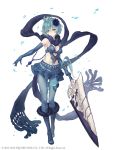  1girl absurdres aqua_hair beads blue_eyes boots drag-on_dragoon drag-on_dragoon_3 elbow_gloves flower full_body fur_trim gem gloves hair_flower hair_ornament highres ji_no looking_at_viewer official_art parted_lips petals revealing_clothes scarf short_hair sinoalice skirt solo square_enix sword thigh_strap two_(drag-on_dragoon) weapon white_background 