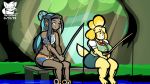  16:9 3_toes animal_crossing anthro barefoot black_hair blonde_hair blue_eyes blue_highlights blush blush_stickers bottomwear bow_tie breasts canid canine canis clothing crop_top crossover dark_skin dipstick_tail domestic_dog duo ear_piercing ear_ring eyelashes female fishing floaties footwear forest fur gym_leader hair hair_highlights human isabelle_(animal_crossing) jewelry long_hair mammal midriff multicolored_tail navel necklace nessa_(pok&eacute;mon) nintendo piercing pok&eacute;mon shih_tzu shirt shoes shorts sitting skirt slightly_chubby slim smile stocky thefoxbro tied_hair toes topwear toy_dog tree vest video_games yellow_fur 