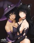  2girls animal_ears black_dress black_gloves black_hair blake_belladonna breast_press breasts cat_ears cat_tail cleavage collarbone cslucaris dark_skin demon_tail detached_collar dress elbow_gloves from_side gloves hat horns kali_belladonna long_hair looking_at_viewer medium_breasts mother_and_daughter multiple_girls purple_headwear revealing_clothes rwby shiny shiny_hair short_hair side_slit sideboob signature sleeveless sleeveless_dress standing strapless strapless_dress symmetrical_docking tail very_long_hair watermark web_address witch_hat yellow_eyes 