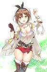  1girl :d atelier_(series) atelier_ryza belt beret blush boots bracelet breasts brown_eyes brown_footwear brown_gloves brown_hair cleavage collarbone flask gloves hair_ornament hairclip hands_up hat highres jewelry looking_at_viewer medium_breasts midriff necklace open_mouth red_shorts reisalin_stout satou_satoru shirt short_hair short_shorts shorts single_glove smile solo star test_tube thigh_boots thighhighs thighs white_headwear white_legwear white_shirt 