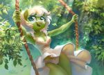  2019 5_fingers anthro blonde_hair blue_eyes breasts cleavage clothed clothing dress equid female freckles hair hi_res holivi mammal my_little_pony open_mouth open_smile outside panties rope short_hair smile solo swing underwear upskirt 