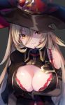  1girl arm_under_breasts bare_shoulders black_gloves blonde_hair bra bra_peek bra_strap breasts cape cleavage cleavage_cutout commentary elbow_gloves fang gloves hair_between_eyes hat lace lace_bra large_breasts light_smile long_hair looking_at_viewer nijisanji nui_sociere orange_eyes roll_okashi solo underwear upper_body wing_collar witch_hat 