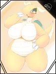  2019 3:4 anthro artesjsc big_breasts big_butt blush breasts butt claws digital_media_(artwork) dragon dragonite embarrassed female green_eyes lipstick makeup mammal nintendo nude overweight pok&eacute;mon pok&eacute;mon_(species) scalie simple_background small_wings solo thick_thighs video_games wide_hips wings 