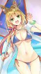  1girl :d absurdres ahoge animal_ear_fluff animal_ears ass_visible_through_thighs bangs beach_umbrella bikini blonde_hair blue_bikini blush breasts collarbone commentary_request cosplay eyebrows_visible_through_hair fate/extra fate/grand_order fate_(series) fingernails fox_ears green_eyes groin hair_between_eyes hair_intakes hand_up heart highres large_breasts long_hair low_twintails navel nero_claudius_(fate) nero_claudius_(fate)_(all) open_mouth round_teeth side-tie_bikini smile solo swimsuit tamamo_(fate)_(all) tamamo_no_mae_(swimsuit_lancer)_(fate) tamamo_no_mae_(swimsuit_lancer)_(fate)_(cosplay) teeth tomozero towel twintails umbrella upper_teeth 