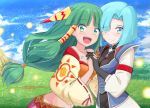  2girls :d bangs black_gloves blue_eyes blue_hair blue_sky breasts closed_mouth cloud day eyebrows_visible_through_hair eyes_visible_through_hair facing_another feena_(grandia) gloves grandia grandia_i grass green_eyes green_hair groin hair_intakes hair_over_one_eye hair_tubes holding_hands interlocked_fingers jewelry kayama_kenji leen_(grandia) light_blue_eyes light_blue_hair long_hair looking_at_viewer low-tied_long_hair multiple_girls navel necklace open_mouth outdoors ribbon-trimmed_sleeves ribbon_trim short_hair siblings sisters sky sleeves_past_elbows small_breasts smile teeth wide_sleeves 