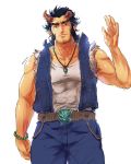  1boy abs bead_bracelet beads beard belt belt_buckle black_hair blue_pants blue_vest bracelet broken_horn brown_eyes buckle collarbone facial_hair fang hand_up horns isomine jewelry looking_at_viewer male_focus muscle necklace pants sideburns simple_background solo takemaru_(tokyo_houkago_summoners) tokyo_houkago_summoners twitter_username vest white_background 