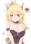 1boy 1girl bare_shoulders blonde_hair blue_eyes blush bowsette bracelet breasts cleavage collar collarbone commentary crown darahan dress earrings english_commentary fang hair_between_eyes horns jewelry large_breasts long_hair looking_at_viewer mario mario_(series) new_super_mario_bros._u_deluxe pointy_ears ponytail simple_background solo_focus spiked_bracelet spiked_collar spikes super_crown white_background 