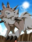  2019 3:4 ambiguous_gender big_claws black_claws black_nose blue_eyes blue_sky brown_fur canid claws day digital_media_(artwork) feral front_view fur lycanroc mammal midday_lycanroc multicolored_fur nintendo outside patreon pok&eacute;mon pok&eacute;mon_(species) quadruped sky solo spikes sun two_tone_fur url video_games white_fur white_tail winick-lim 