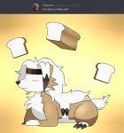  2019 accessory animated ask_blog bread canid canine claws digital_media_(artwork) dominic_armois english_text eyes_closed food headband hi_res loaf lycanroc lying mammal midnight_lycanroc nintendo pok&eacute;mon pok&eacute;mon_(species) pok&eacute;mon_mystery_dungeon reallydarkandwindie simple_background solo text video_games wanderlust 