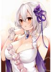  1girl azur_lane bangs blush breasts cleavage cleavage_cutout collarbone commentary_request dress flower gem glint gradient gradient_background hair_between_eyes hair_flower hair_ornament hand_up large_breasts parted_lips pink_flower pink_rose purple_flower red_background red_eyes rose ry_thae sapphire_(gemstone) shawl short_hair silver_hair sirius_(azur_lane) sirius_(white_rose)_(azur_lane) sleeveless sleeveless_dress smile solo upper_body white_dress wrist_wrap 
