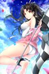  1girl absurdres ankle_ribbon armlet ass bangs bare_shoulders barefoot black_hair blue_sky blush breasts checkered checkered_flag cloud crown day earrings fate/grand_order fate_(series) flag floating_hair fur-trimmed_jacket fur_trim glint hair_ribbon highres holding holding_flag hoop_earrings huge_filesize ishtar_(fate/grand_order) ishtar_(swimsuit_rider)_(fate) jacket jewelry large_breasts leg_garter leotard long_hair long_legs looking_at_viewer off_shoulder open_clothes open_jacket outdoors paid_reward parted_bangs patreon_reward pink_jacket red_eyes rei_kun ribbon single_thighhigh sky smile solo thighhighs two_side_up white_leotard 