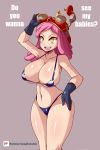  1girl absurdres bare_shoulders bikini blue_bikini boku_no_hero_academia breasts crosshair_pupils gloves goggles goggles_on_head hatsume_mei highres large_breasts open_mouth patreon_username pink_hair shiny shiny_skin simple_background solo swimsuit yellow_eyes zanatemx 
