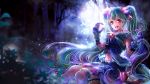  1girl :d animal_ears blurry blurry_background fangs floating_hair full_moon gloves green_hair hair_between_eyes hatsune_miku long_hair looking_at_viewer midriff moon navel night open_mouth outdoors purple_gloves red_eyes shigemu_room sitting smile solo stomach very_long_hair vocaloid wolf_ears 