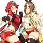  2girls ass atelier_(series) atelier_ryza bangs belt blue_belt boots breasts bridal_legwear brown_belt brown_gloves crossover earrings fingerless_gloves gem gloves hair_ornament hairclip headpiece highres homura_(xenoblade_2) jacket jewelry large_breasts leather leather_belt leather_gloves multiple_girls necklace pija_(pianiishimo) red_eyes red_hair red_shorts reisalin_stout round-bottom_flask short_hair short_shorts shorts shoulder_armor shoulder_cutout single_glove sleeveless_jacket star star_necklace swept_bangs thighs tiara toeless_boots vial white_headwear xenoblade_(series) xenoblade_2 yellow_jacket 