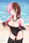  1girl :d bangs beach black_gloves black_pants black_swimsuit blush breasts brown_hair casual_one-piece_swimsuit cleavage collarbone covered_navel cowboy_shot cslucaris day gloves head_tilt highleg highleg_swimsuit highres jacket jewelry long_hair medium_breasts multicolored_hair necklace neo_(rwby) one-piece_swimsuit open_clothes open_jacket open_mouth outdoors pants pants_pull pink_eyes pink_hair rwby shiny shiny_hair signature smile solo standing swept_bangs swimsuit two-tone_hair watermark web_address white_jacket 
