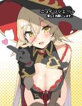  1girl absurdres black_gloves blush breasts cape character_name cleavage cleavage_cutout cowboy_shot dot_nose elbow_gloves eyebrows_visible_through_hair fang gloves gradient gradient_background hair_between_eyes hand_on_own_leg hand_up hat heart highres kanzarin_(hoochikiss) large_breasts leaning_forward legs_together light_brown_hair long_hair looking_at_viewer nijisanji nui_sociere polka_dot polka_dot_background ribbon simple_background sketch solo thighhighs translated very_long_hair wing_collar witch_hat yellow_eyes 