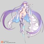  1girl armor armored_boots bangs blue_eyes blue_ribbon blush boots commentary_request crotch_plate eyebrows_visible_through_hair fate/grand_order fate_(series) full_body grey_background hair_ribbon long_hair long_sleeves looking_at_viewer meltryllis navel patreon_logo patreon_username purple_hair revealing_clothes ribbon simple_background sleeves_past_wrists smile solo thighhighs very_long_hair waero watermark web_address 