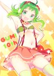  1girl anniversary arm_up armpits bra breasts character_name collar commentary cowboy_shot frilled_skirt frills goggles goggles_on_head green_eyes green_hair gumi hand_on_hip headphones highres kawahara_chisato looking_at_viewer medium_breasts midriff navel open_mouth orange_skirt skirt smile solo star star_in_eye strapless strapless_bra suspender_skirt suspenders symbol_in_eye thighhighs underboob underwear vocaloid 