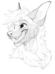  2019 absurd_res anthro bust_portrait canid eyebrows fangs feve front_view graphite_(artwork) hair hi_res male mammal open_mouth pencil_(artwork) portrait short_hair simple_background smile solo teeth tongue traditional_media_(artwork) white_background 