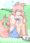  2019 ? absurd_res anthro blush bottomwear bow_tie canid canine castagna clothed clothing female fluffy fluffy_tail fur fur_(theterm) hair hi_res looking_at_viewer mammal outside pink_fur pink_hair sitting skirt solo yellow_eyes 