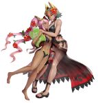  2girls bangs bare_arms bare_legs bare_shoulders barefoot bikini black_bikini black_footwear black_swimsuit breasts cleavage commentary_request dark_skin earrings fire_emblem fire_emblem_heroes flower gonzarez gradient_hair green_hair hair_between_eyes hair_flower hair_ornament halterneck height_difference highres jewelry kickboard laegjarn_(fire_emblem_heroes) laevateinn_(fire_emblem_heroes) large_breasts long_hair looking_at_another multicolored_hair multiple_girls navel one-piece_swimsuit one_eye_closed open_mouth orange_hair pink_hair plant red_eyes red_flower sandals sarong see-through short_hair siblings side-tie_bikini simple_background sisters swimsuit twintails vines white_background 