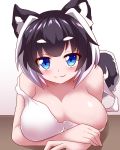  1girl :3 animal_ears black_hair blue_eyes blush breasts cleavage dog_ears dog_girl dog_tail eyebrows_visible_through_hair huge_breasts looking_at_viewer multicolored_hair original sivamaron smile solo tail two-tone_hair white_hair 