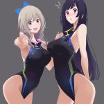  /\/\/\ 2girls black_hair black_swimsuit blue_bow blush bow brown_eyes cowboy_shot goggles goggles_around_neck grey_background hair_bow highleg highleg_swimsuit long_hair looking_at_viewer mikoto_akemi multiple_girls original pointing purple_eyes silver_hair simple_background standing swimsuit 