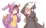  &gt;_&lt; 2girls :3 :d animal_costume artist_name black_dress black_hair blush breakfastb brown_hair claw_pose closed_eyes commentary dog_days dragon_costume dress english_commentary gaoo_(frpjx283) hands_up highres hood hood_up horns long_hair long_sleeves multiple_girls noir_vinocacao open_mouth original red_eyes simple_background smile triangle_mouth white_background x3 xd 