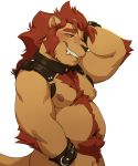  2019 belly blush body_hair chest_hair deep_navel embarrassed facial_hair fangs felid grin hair hairy hand_behind_head happy_trail harness hi_res lion male mammal mane moobs mostly_nude navel nipples nyuudles pantherine red_hair red_mane sideburns smile soul_patch 