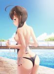  1girl absurdres ahoge areolae ass bangs bikini blue_eyes blue_sky blush braid brown_hair butt_crack cloud day from_behind frown hair_flaps hair_ornament hair_over_shoulder highres kantai_collection long_hair looking_at_viewer looking_back nipples outdoors poolside remodel_(kantai_collection) rumachi shigure_(kantai_collection) side-tie_bikini sidelocks single_braid sky solo swimsuit untied untied_bikini 