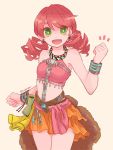  1girl bracelet breasts earrings final_fantasy final_fantasy_xiii green_eyes jewelry looking_at_viewer midriff necklace oerba_dia_vanille open_mouth pink_hair red_hair short_twintails simple_background smile solo sunagimo_(nagimo) twintails 