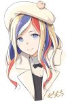  1girl artist_name beret blonde_hair blue_hair collar commandant_teste_(kantai_collection) commentary_request hat kantai_collection long_hair looking_at_viewer moti_coi multicolored_hair red_hair simple_background smile solo streaked_hair upper_body wavy_hair white_background white_hair white_headwear 