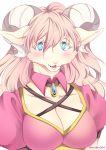  blue_eyes bovid breasts caprine cheek_tuft cleavage clothed clothing collarbone female fur goat hair horn looking_at_viewer mammal open_mouth pink_clothing pink_hair pink_tongue simple_background solo tan_fur tongue tuft white_background wolfox004 yellow_pupils 