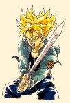  1boy black_shirt blonde_hair blue_eyes capsule_corp commentary denim denim_jacket dragon_ball dragon_ball_z fighting_stance frown highres holding holding_sword holding_weapon jacket jeans lee_(dragon_garou) male_focus open_mouth pants shirt simple_background spiked_hair super_saiyan sword teeth trunks_(future)_(dragon_ball) upper_body weapon white_background 