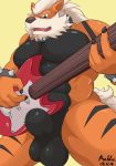  2014 animal_genitalia anthro arcanine balls claws fur guitar hi_res maldu male muscular muscular_male musical_instrument nintendo nude orange_fur pok&eacute;mon pok&eacute;mon_(species) rock_out_with_your_cock_out sheath signature simple_background solo video_games 