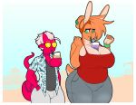  anthro beverage breasts bubble_tea clothed clothing duo eyewear female humanoid kobold lagomorph leporid male mammal mr.pink outside overweight overweight_female rabbit standing sunglasses wide_hips 