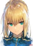  1girl ahoge artoria_pendragon_(all) blonde_hair blue_dress blue_ribbon braid braided_bun closed_mouth dress eyelashes face fate/stay_night fate_(series) green_eyes hair_between_eyes hair_bun hair_ribbon highres jazztaki looking_at_viewer portrait ribbon saber shiny shiny_hair short_hair sidelocks signature simple_background smile solo symbol_commentary white_background 