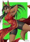  anthro black_clothing black_hair black_nose border breasts canid canine cheek_tuft clothed clothing female glistening glistening_hair green_background green_eyes hair mammal open_mouth red_clothing red_tongue simple_background solo tongue tuft white_border wolfox004 