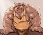  2019 anthro apron belly bodily_fluids bovid bovine brown_fur bulge cattle clothing cum cum_through_clothing erection erection_under_clothing eyes_closed fur genital_fluids horn humanoid_hands kotobuki male mammal moobs nipples overweight overweight_male solo sweat teeth tongue wet wet_clothing 