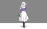  1girl alternate_costume boots brown_footwear cnm collarbone duplicate highres holding kantai_collection long_hair long_sleeves purple_eyes radish sagiri_(kantai_collection) silver_hair skirt smile solo standing torpedo white_skirt 