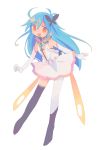  1girl :d asymmetrical_legwear blue_hair daizu_(melon-lemon) dress elbow_gloves flip_flappers from_side full_body gloves highres long_hair looking_at_viewer magical_girl no_nose open_mouth papika_(flip_flappers) red_eyes simple_background sleeveless smile solo tareme white_gloves white_legwear 