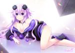  1girl adult_neptune artist_name binato_lulu black_choker blush breasts choker cleavage d-pad d-pad_hair_ornament eyebrows_visible_through_hair hair_ornament large_breasts long_hair neptune_(series) panties purple_eyes purple_hair shin_jigen_game_neptune_vii smile solo striped striped_panties underwear very_long_hair 