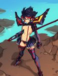  1girl black_hair black_legwear blue_eyes boots breasts clenched_hand dirty_clothes dirty_face frown full_body hairpods high_heel_boots high_heels kill_la_kill looking_at_viewer matoi_ryuuko medium_breasts microskirt multicolored_hair navel pleated_skirt red_hair revealing_clothes reverse_grip scissor_blade senketsu short_hair skirt solo standing suspender_skirt suspenders thigh_boots thighhighs two-tone_hair typo_(requiemdusk) underboob water 
