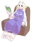  3_toes 5_fingers anthro book boss_monster bovid breasts caprine clothing female fur hi_res holding_object horn mammal mature_female morokko open_book purple_clothing red_eyes simple_background sitting solo toes toriel undertale video_games white_background white_clothing white_fur 