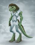  2019 5_fingers anthro clothed clothing digital_media_(artwork) digitigrade green_skin hair lizard lynncore male reptile scalie solo standing 