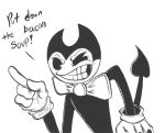 2019 3_fingers angry annoyed bendy_and_the_ink_machine bendy_the_dancing_demon black_and_white black_body bow_tie clothing demon english_text fleischer_style_toon front_view gloves handwear hi_res humanoid krolik male monochrome not_furry pose signature solo solo_focus spade spade_tail standing teeth text toony traditional_media_(artwork) video_games 
