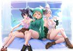  3girls alternate_costume animal_ears animal_hood bare_legs black_hair blonde_hair blue_hair boots braid breasts contemporary crossed_legs djeeta_(granblue_fantasy) ear_piercing earrings erune fraux granblue_fantasy hair_between_eyes highres hood hoodie jewelry long_hair medium_breasts multicolored_hair multiple_girls nier_(granblue_fantasy) piercing pleated_skirt rara086 red_eyes shoes silver_hair sitting skirt sneakers streaked_hair yellow_eyes 