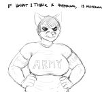  2019 5_fingers angry anthro big_breasts breasts canid canine clothed_breasts clothing dialogue english_text female fox hi_res hladilnik mammal military monochrome peggy_patterson simple_background sketch slightly_chubby solo text 