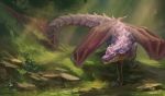  2019 akineza claws day detailed_background digital_media_(artwork) dragon feral grass horn light membrane_(anatomy) membranous_wings moss outside purple_scales rock scales scalie solo standing sunlight western_dragon wings 